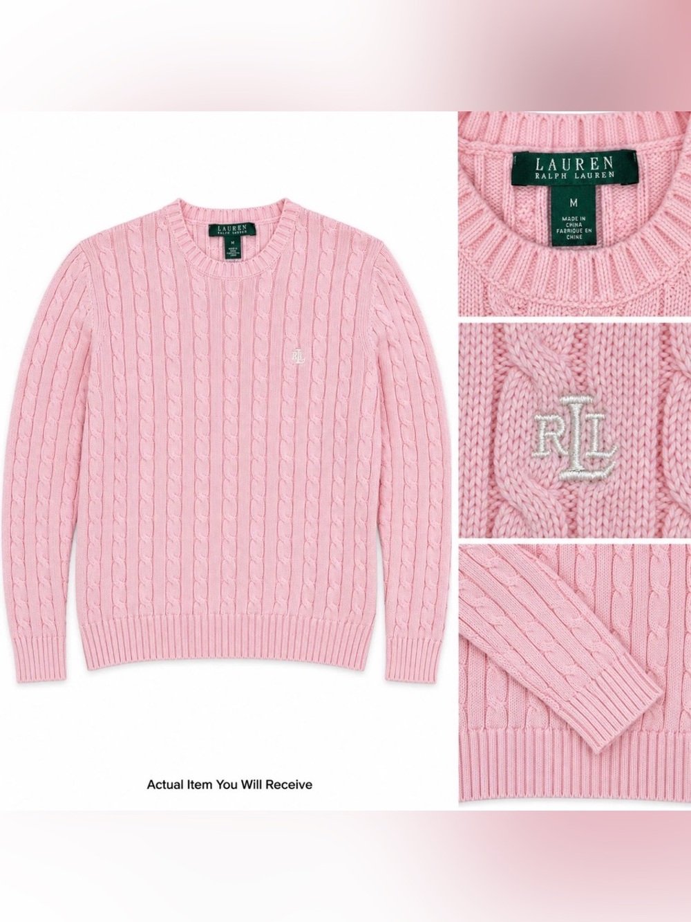 NWOT Lauren Ralph Lauren Pink Cable Knit Sweater Women M 100% Cotton LRL Logo